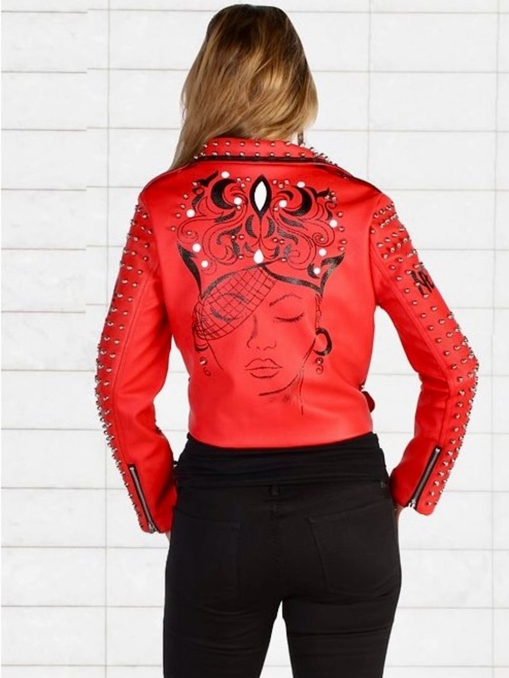 Studded Red Leather Biker Jacket with Belt - Women's Fashion - Picture 2 of 16